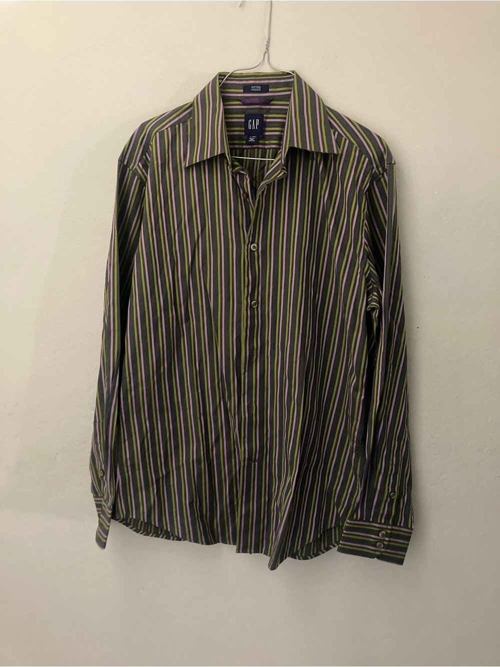 GAP Olive and Purple Vertical Stripe Dress Shirt
